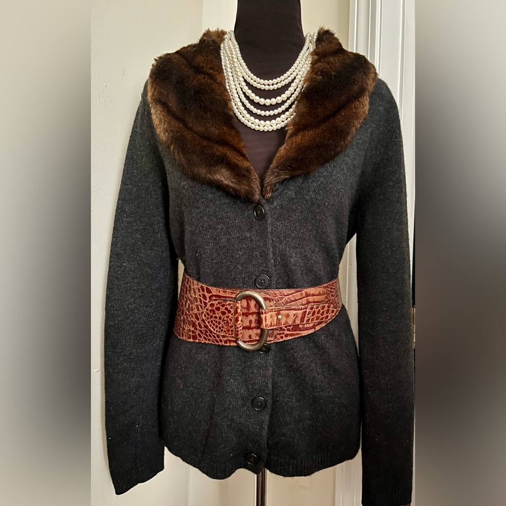 Lauren Ralph Lauren Vintage Wool Angora Cashmere Cardigan w Faux Fur Collar.